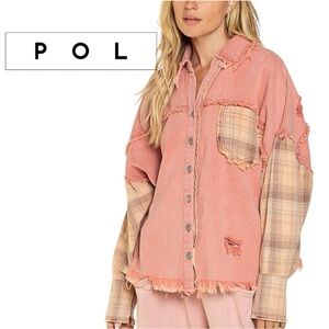 POL Women's Pink and Tan Frayed Button-Down Shirt